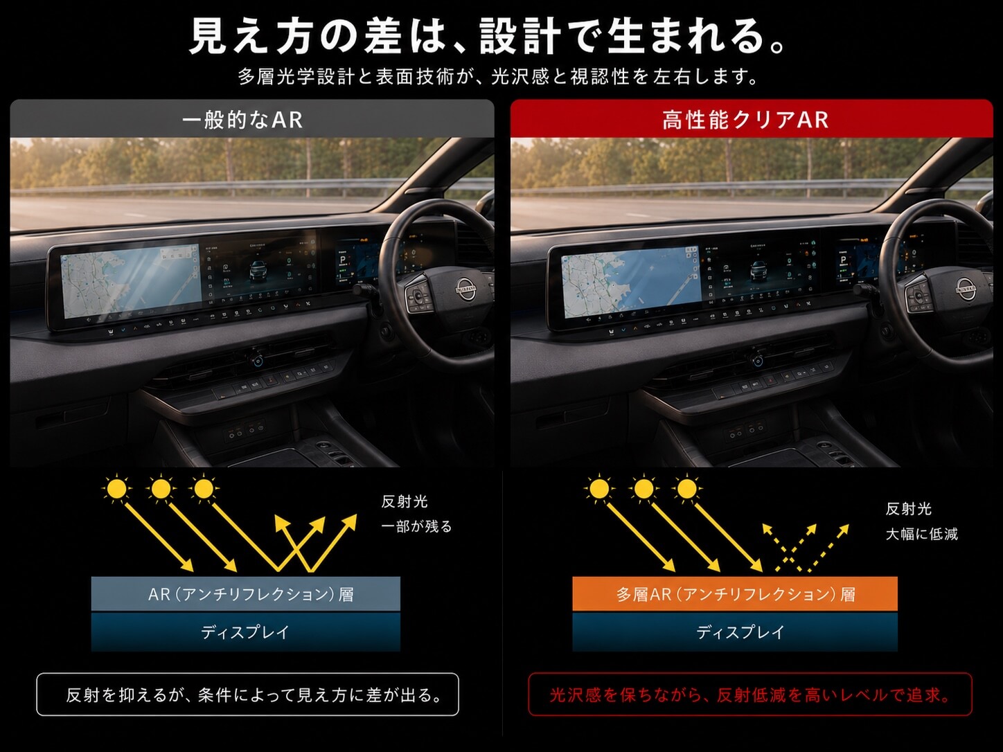 一般的なARと高性能クリアARの反射低減比較