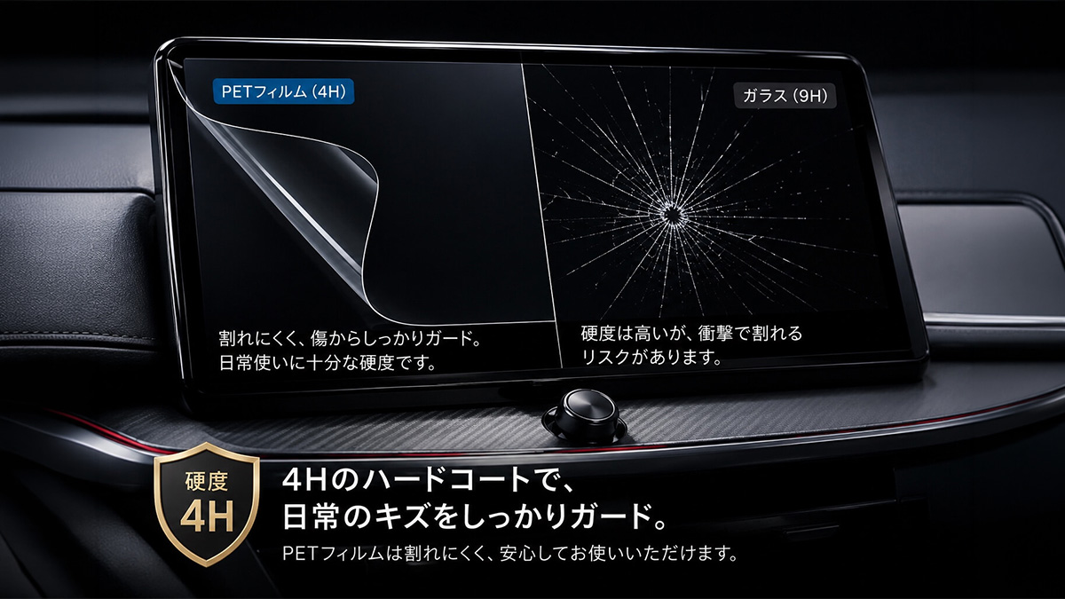 ハードコートにより純正モニターを細かなキズから保護する構造イメージ