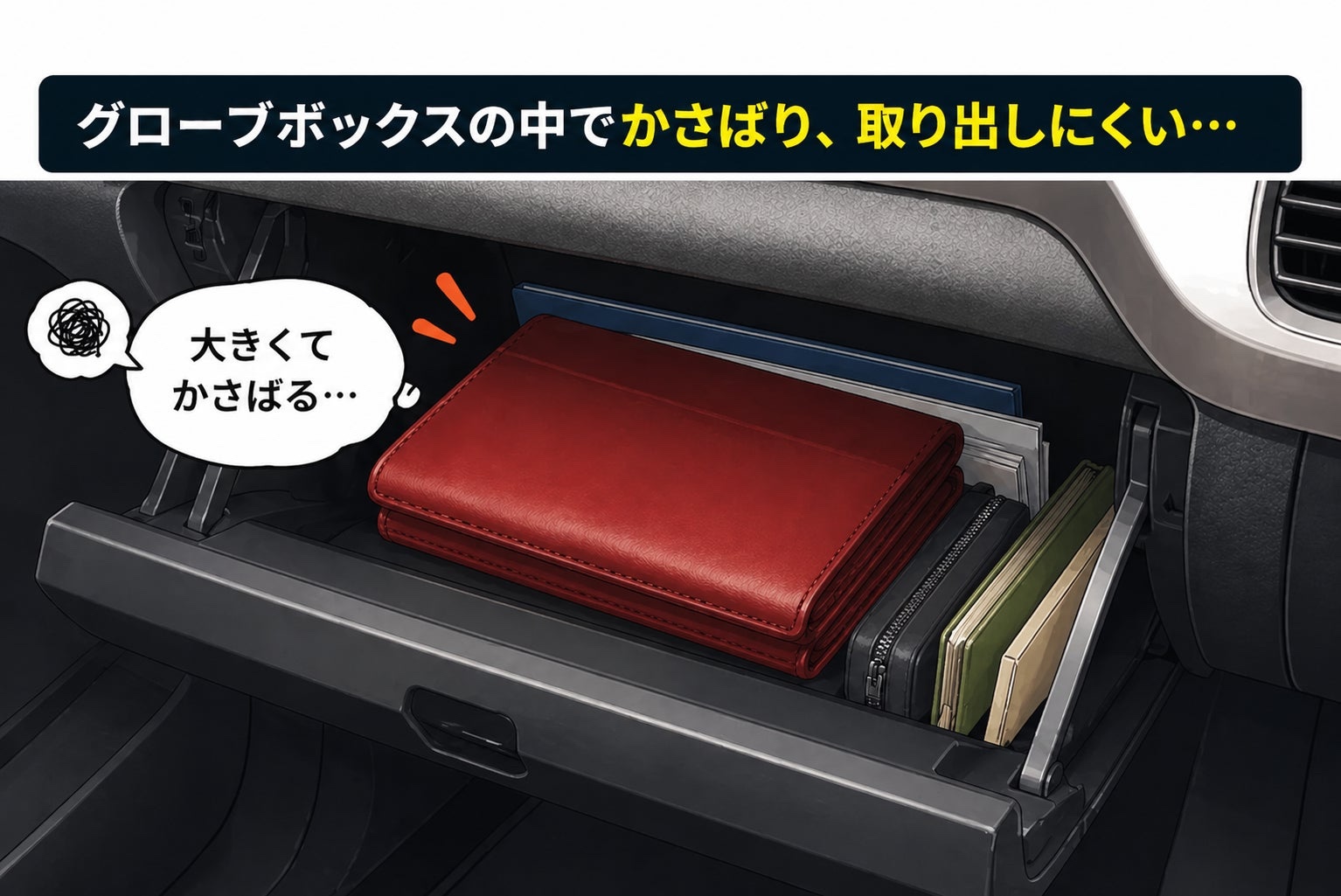 従来の大きな車検証入れがグローブボックスを占める様子